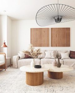 lustre em sala com decoração japandi