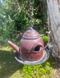 chaleira antiga como casa de pássaros