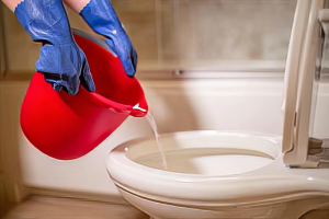 pessoa jogando água quente no vaso sanitário