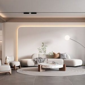 sofa curvo com luminaria de piso e painel iluminado