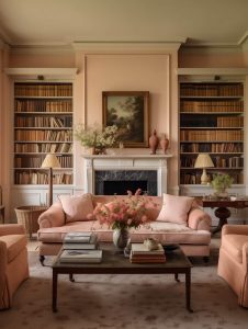 classic-living-room-peach-walls-bookshelves-pantone-color-of-the-year-2024-nordroom-1130x1500