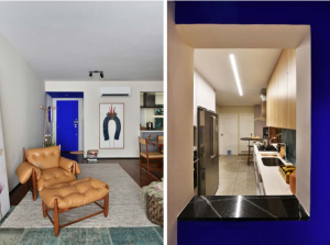 viga, teto e porta em cor azul klein em apartamento