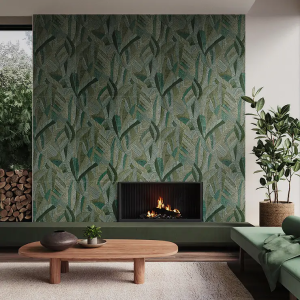 porcelanato verde com textura em parede de lareira