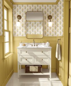 lavabo com papel de parede e cor combinando
