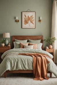 quarto com combinação de terracota e verde-oliva