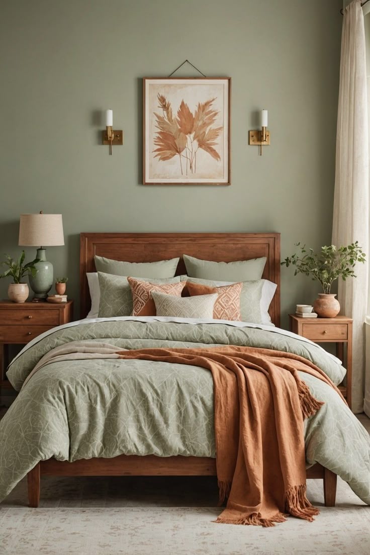 quarto com combinação de terracota e verde-oliva
