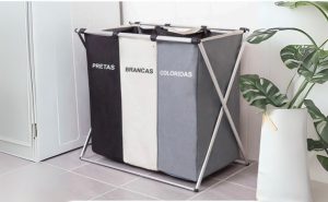 Cesto de roupa suja com divisórias lavanderia pequena organizada