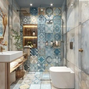 azulejos coloridos em box de banheiro pequeno