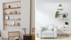 ideias de estantes de parede para sala de estar