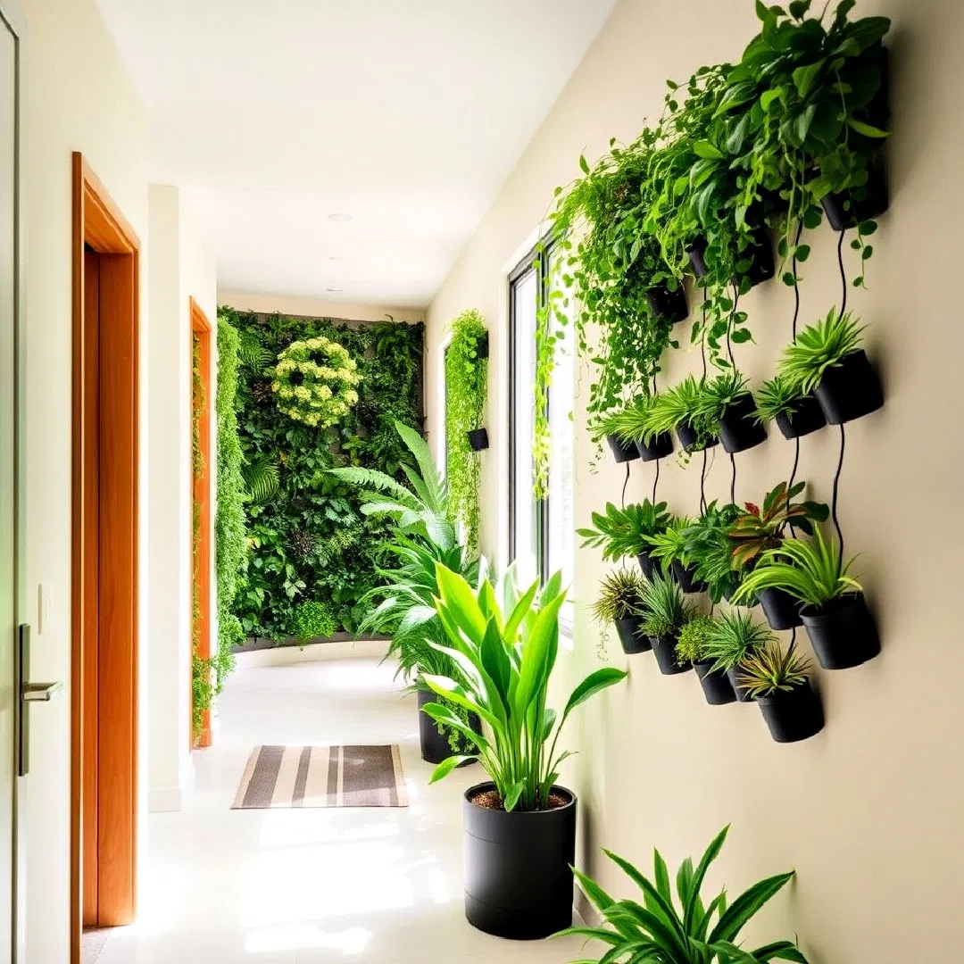 corredor com jardim vertical e plantas no chão