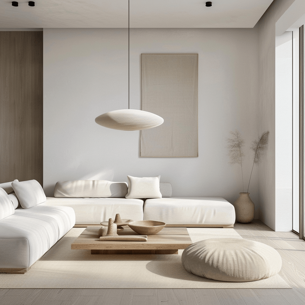 espaço da sala de estar com cores neutras e estilo minimalista