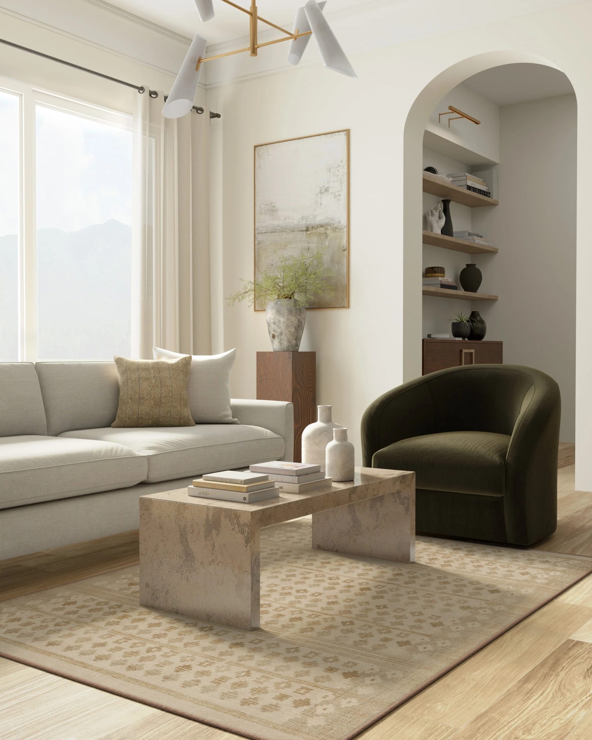 sala de estar com tapete em cor neutra