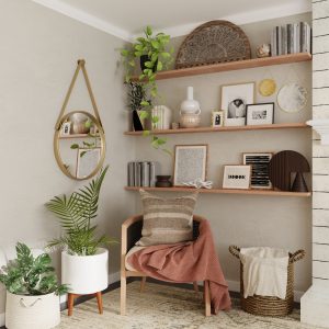 espaço de sala com prateleiras na parede