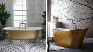 banheiros spa com banheiras freestanding e acabamentos dourados