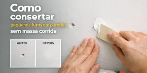 Pessoa reparando buraco pequeno em parede com massa branca e ferramenta plana