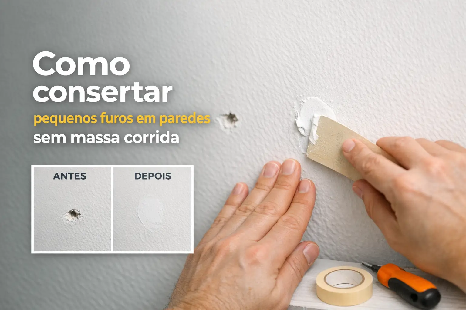 Pessoa reparando buraco pequeno em parede com massa branca e ferramenta plana