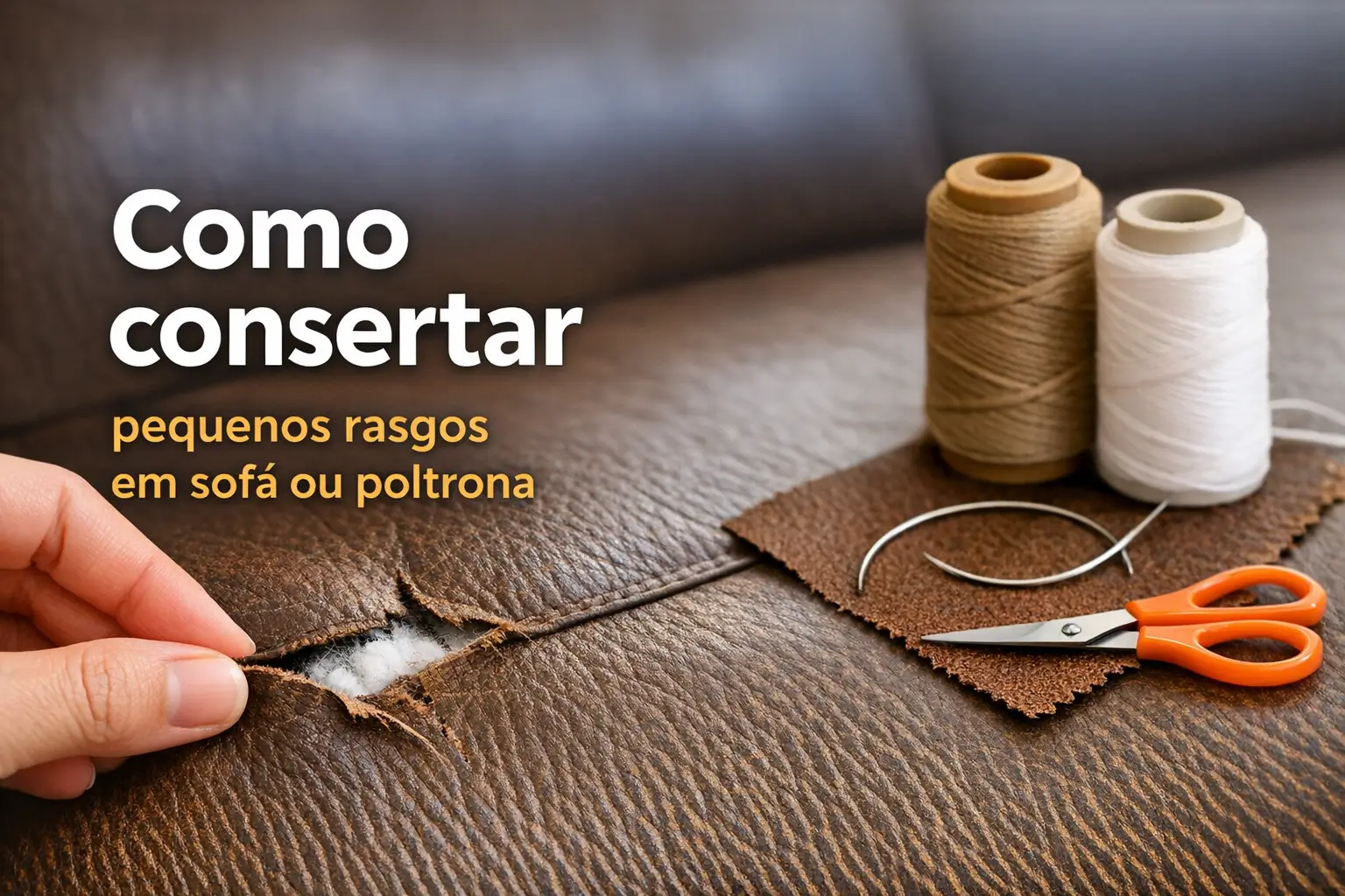 Um sofá de couro com pequeno rasgo sendo preparado para reparo com tecidos e ferramentas.