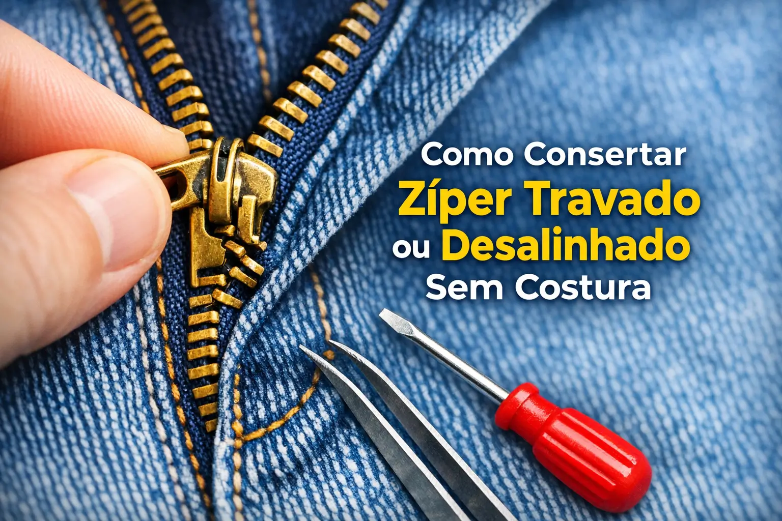 Pessoa segurando zíper dourado desalinhado sobre jeans com ferramentas ao lado