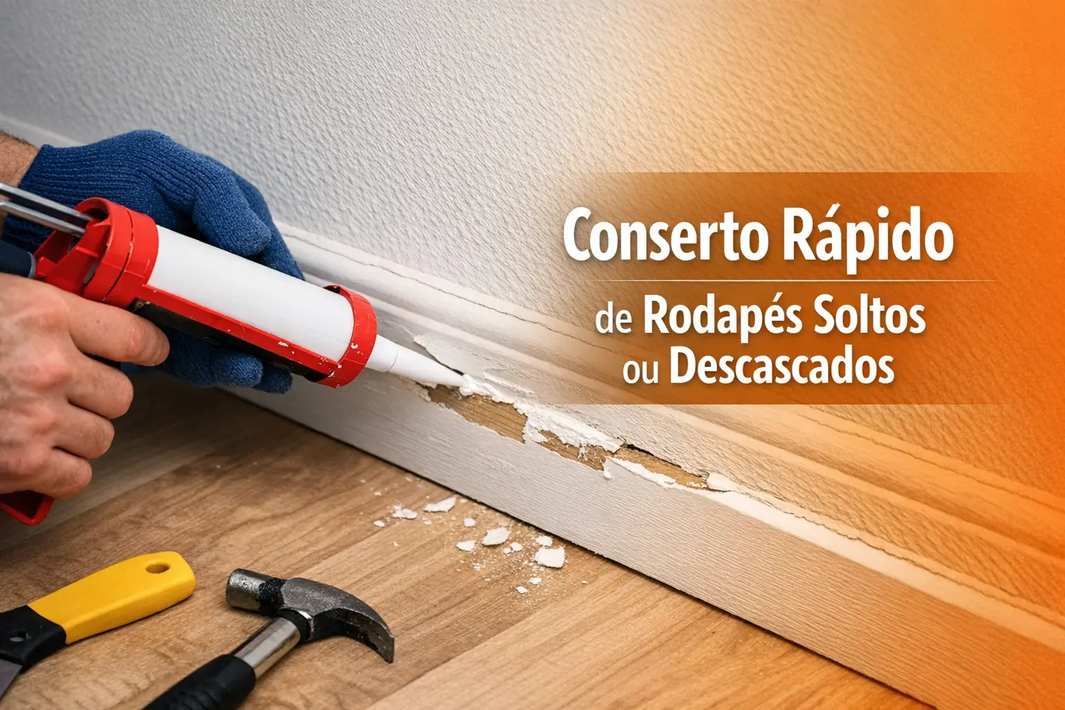 Reparo de rodapés: conserto rápido com pistola de calafetar e rodapé descascado.