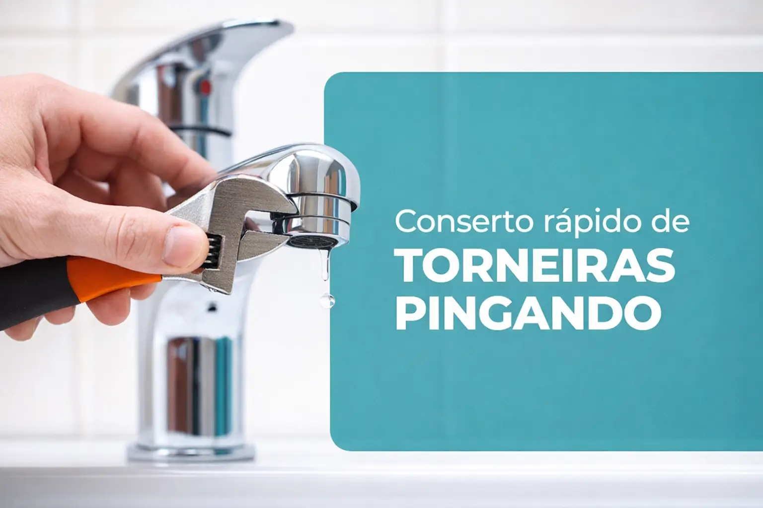 Mão ajustando torneira moderna com chave inglesa, água pingando