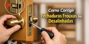 Fechadura desalinhada sendo ajustada com chave de fenda e dicas visuais