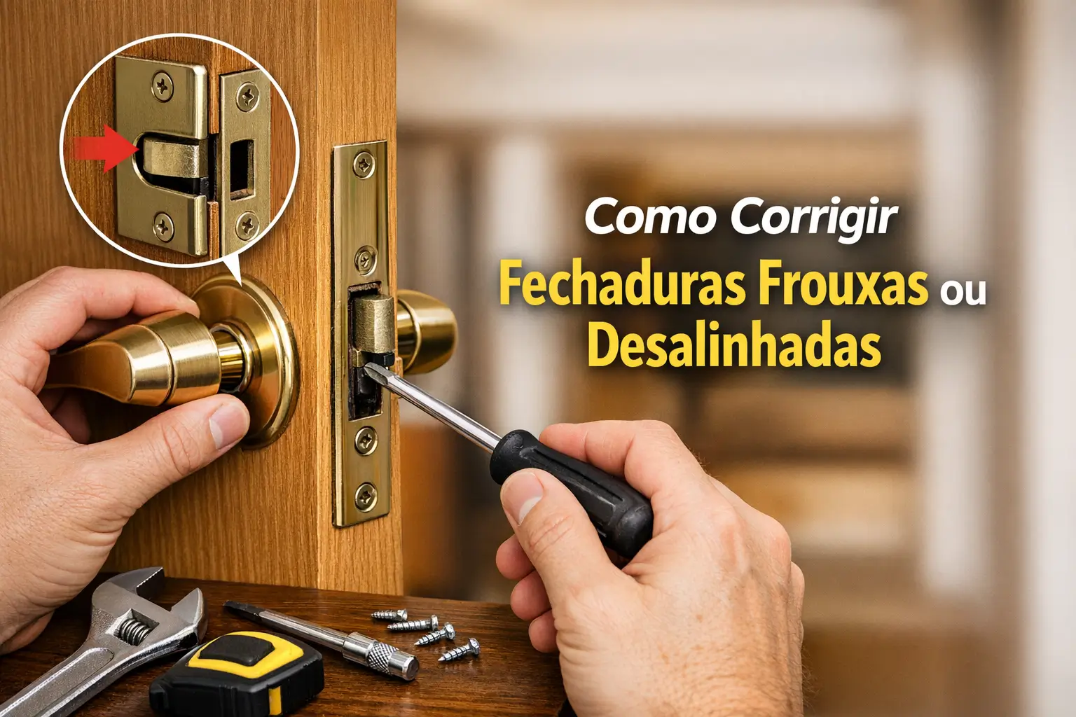 Fechadura desalinhada sendo ajustada com chave de fenda e dicas visuais