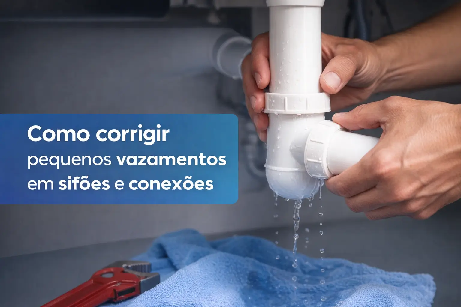 Mãos segurando dois canos brancos com vazamento em conector