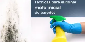 Close-up de mão com luva azul segurando spray contra mofo em parede com manchas visíveis.