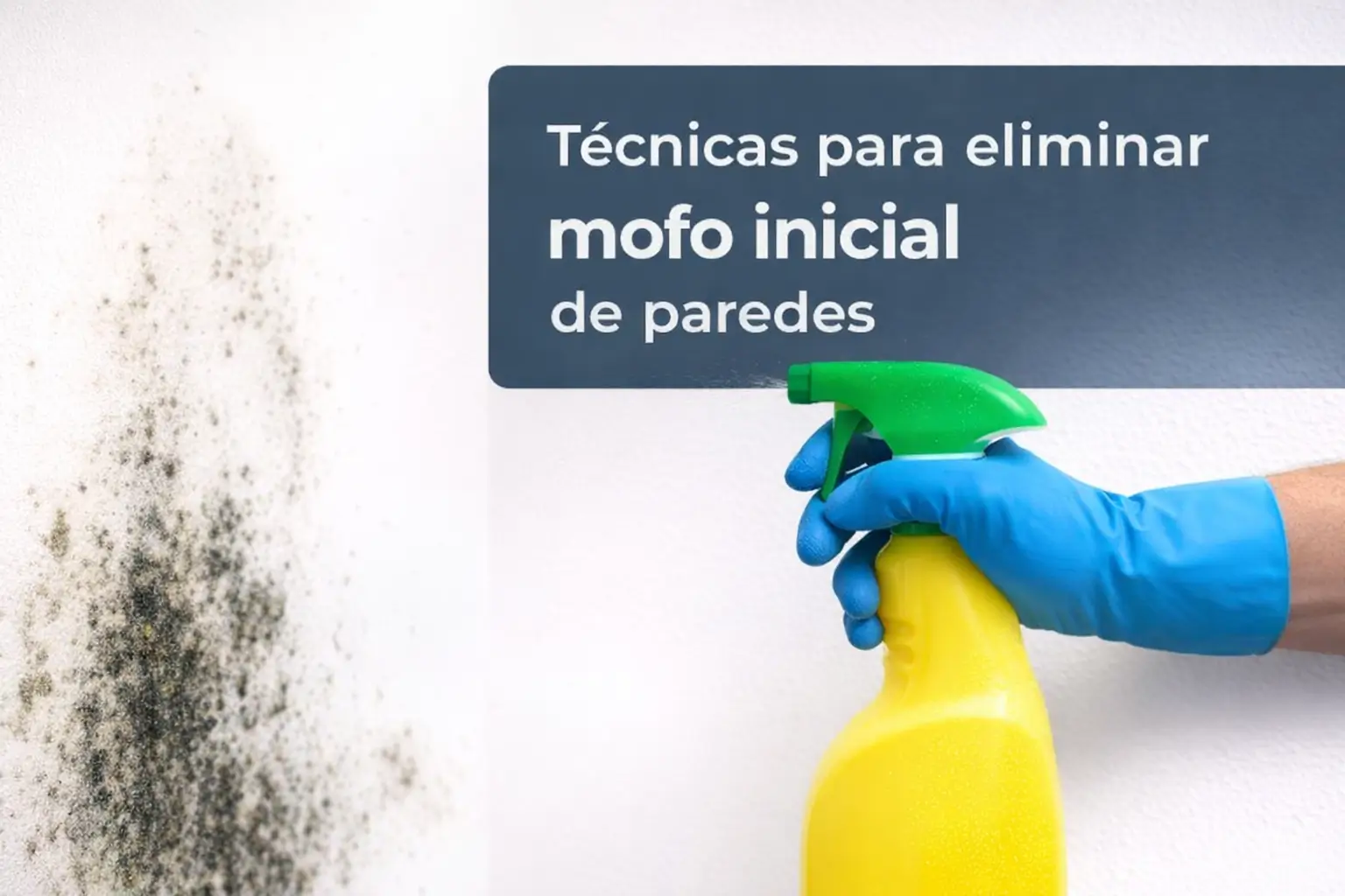 Close-up de mão com luva azul segurando spray contra mofo em parede com manchas visíveis.