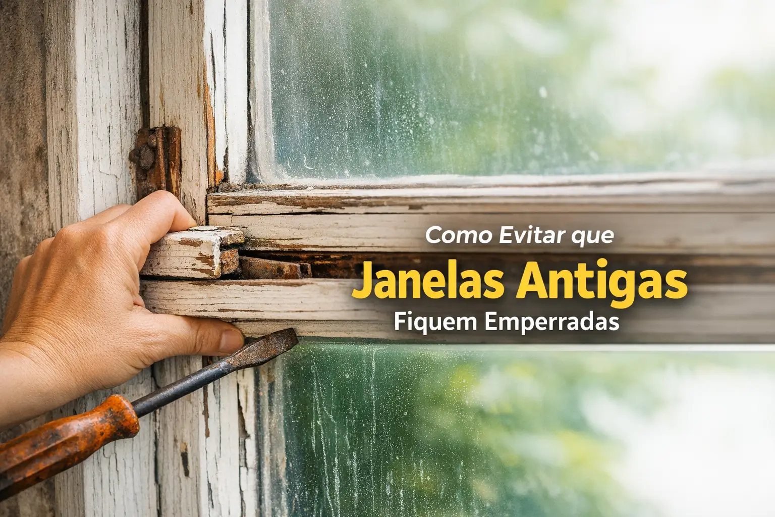 Mão ajustando tranca de janela antiga de madeira com ferramenta, fundo verde