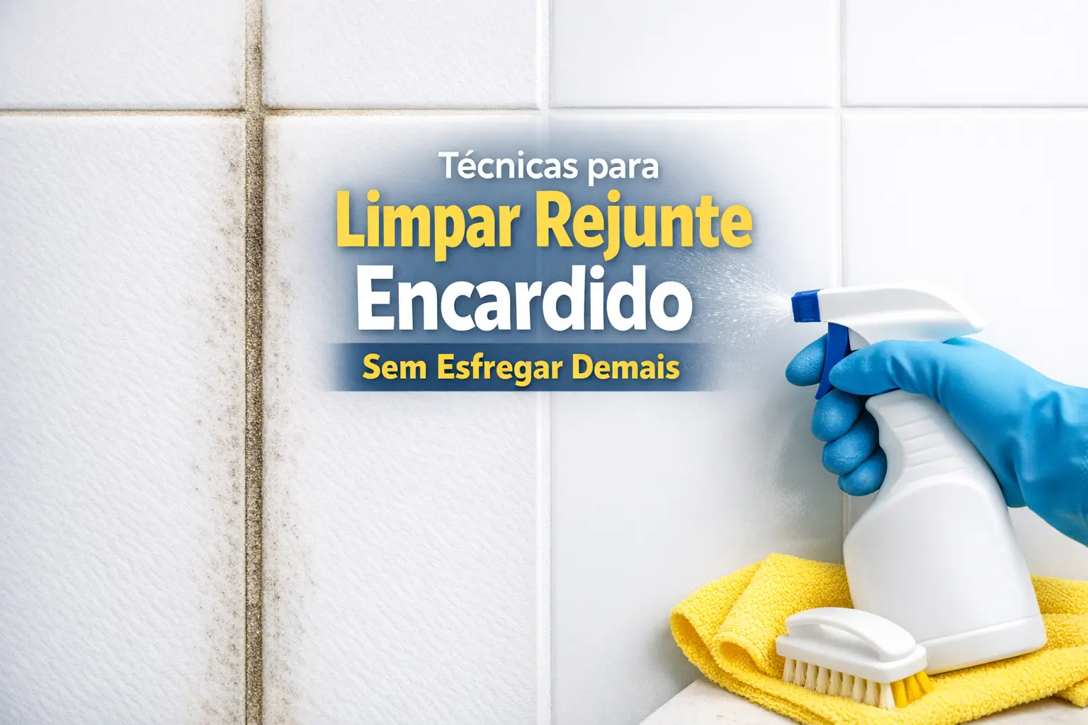 Técnicas para limpar rejunte encardido com facilidade, mostrando spray, luva azul e pano amarelo