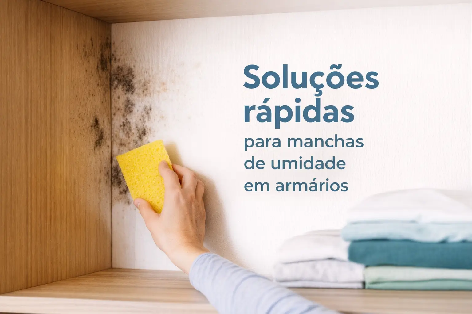 Pessoa limpando parede com esponja amarela e removendo mofo de armários úmidos