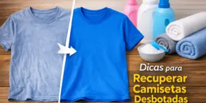 Camisetas desbotada e vibrante ladeadas, com dicas de cuidados