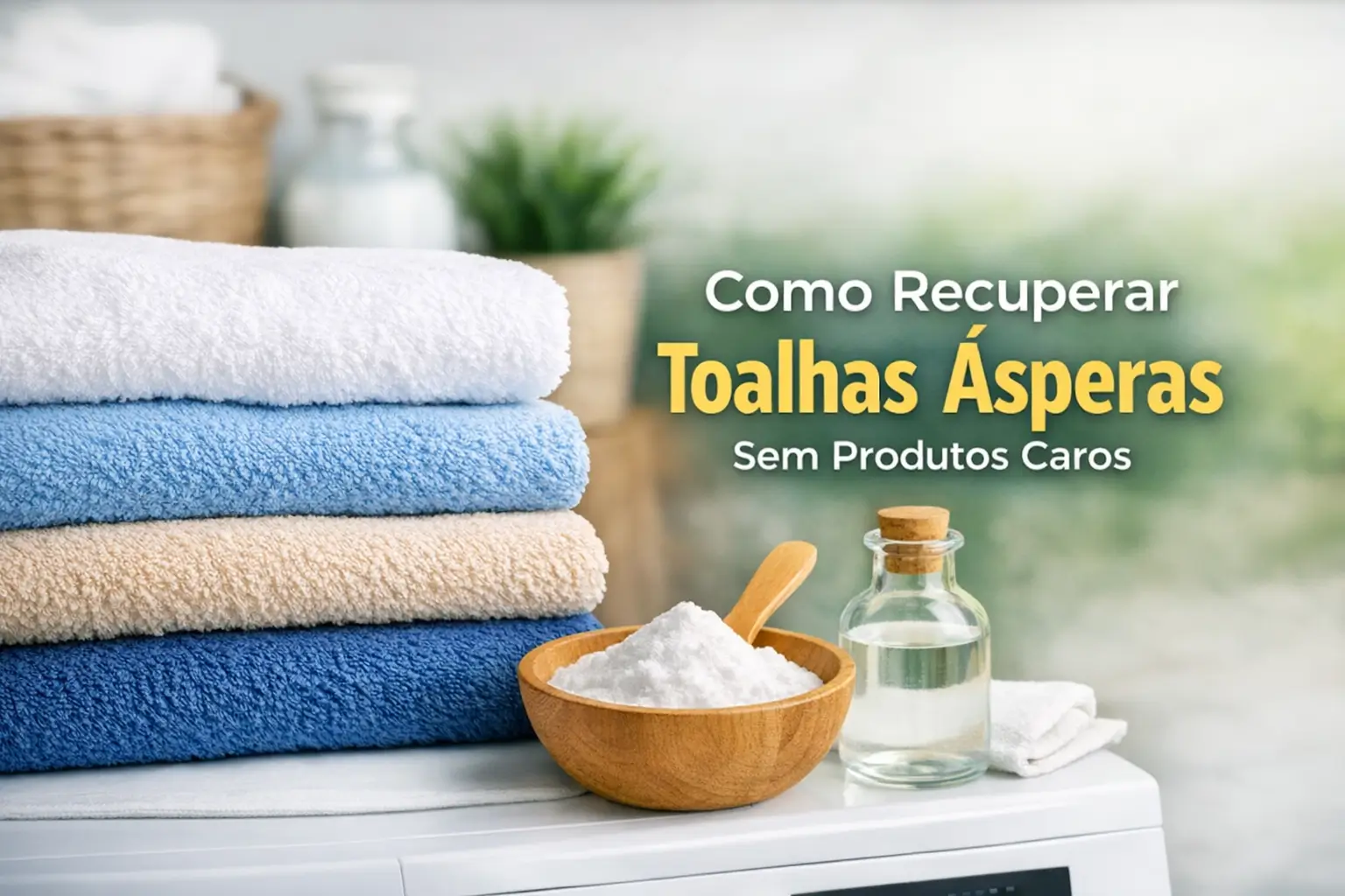 Toalhas empilhadas com cores distintas e ingredientes naturais para cuidados econômicos