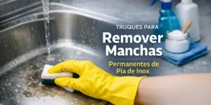 Mão com luva amarela limpando pia de aço inoxidável com água corrente e produtos de limpeza ao fundo