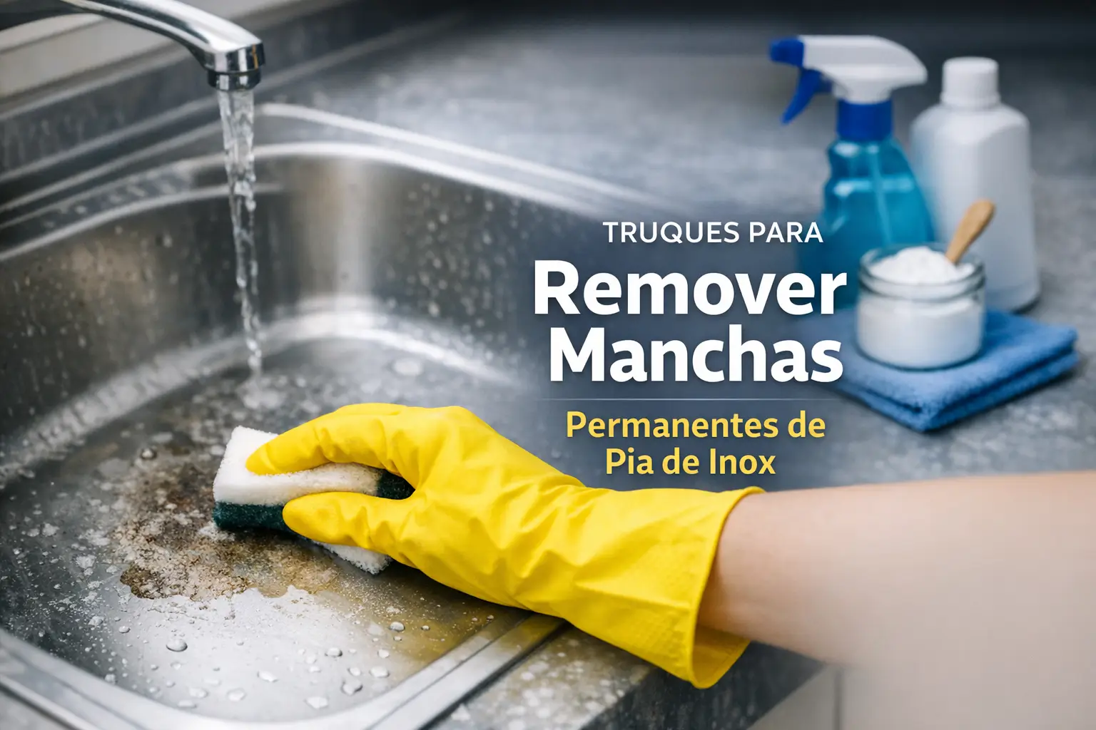 Mão com luva amarela limpando pia de aço inoxidável com água corrente e produtos de limpeza ao fundo