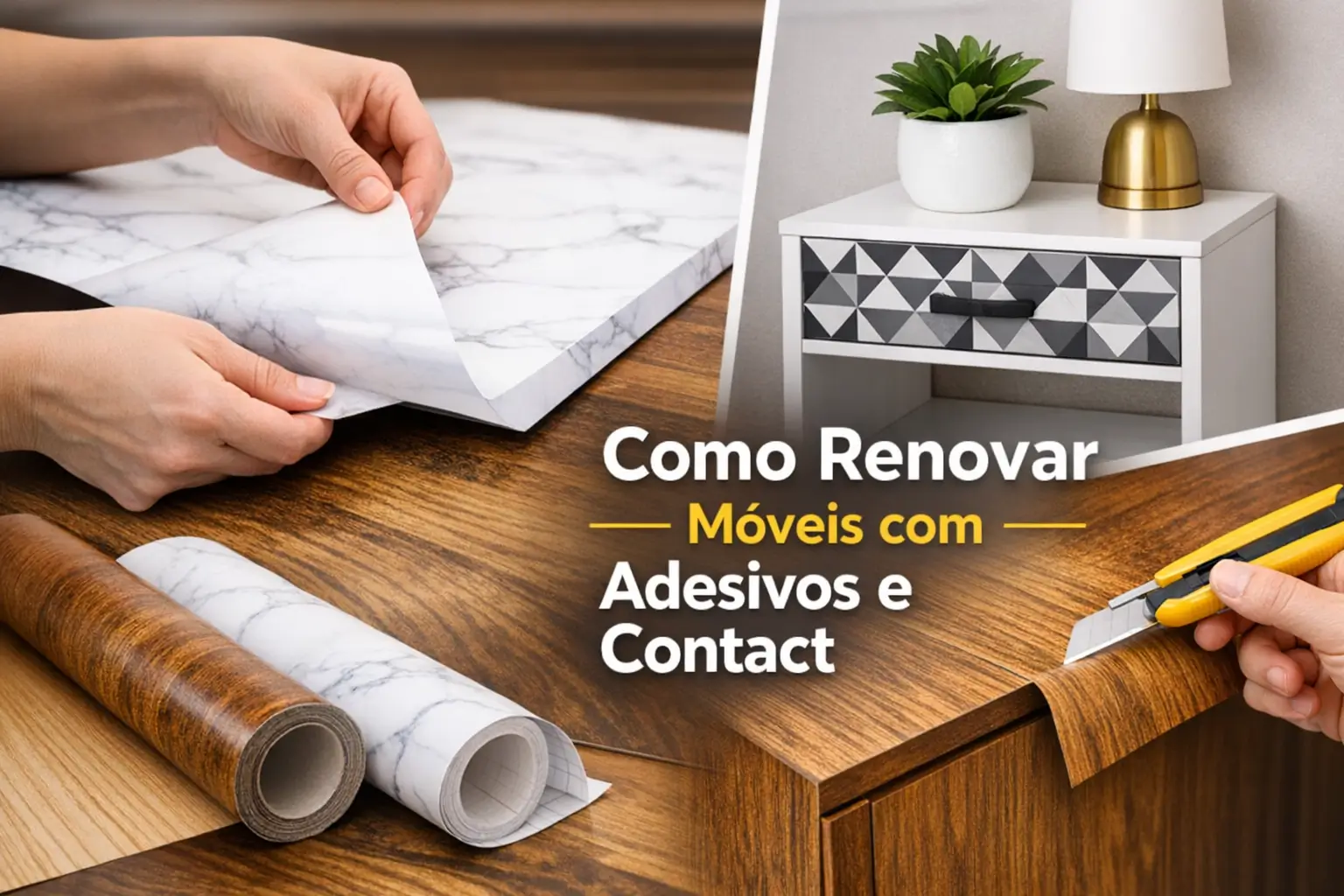 Pessoa aplicando adesivo marmorizado em móveis com rolos ao fundo e mesa reformada ao lado