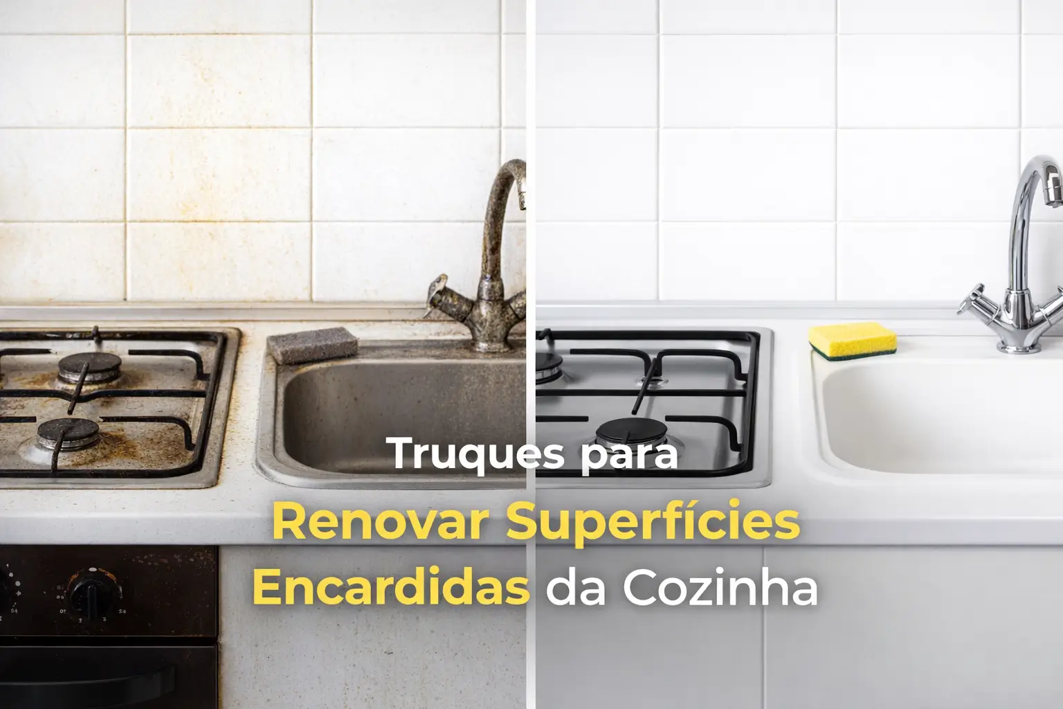 cozinha com superfícies antes e depois de limpeza e revitalização