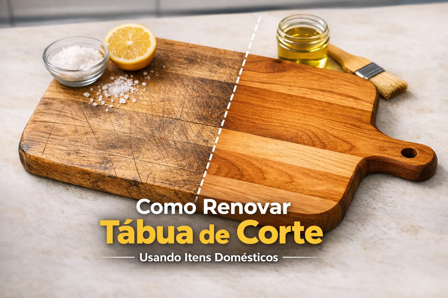 Tábua de corte dividida: um lado desgastado com sal e limão, outro lado renovado com óleo e pincel