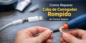 Cabo de carregador danificado, exposto e consertado com fita e cola