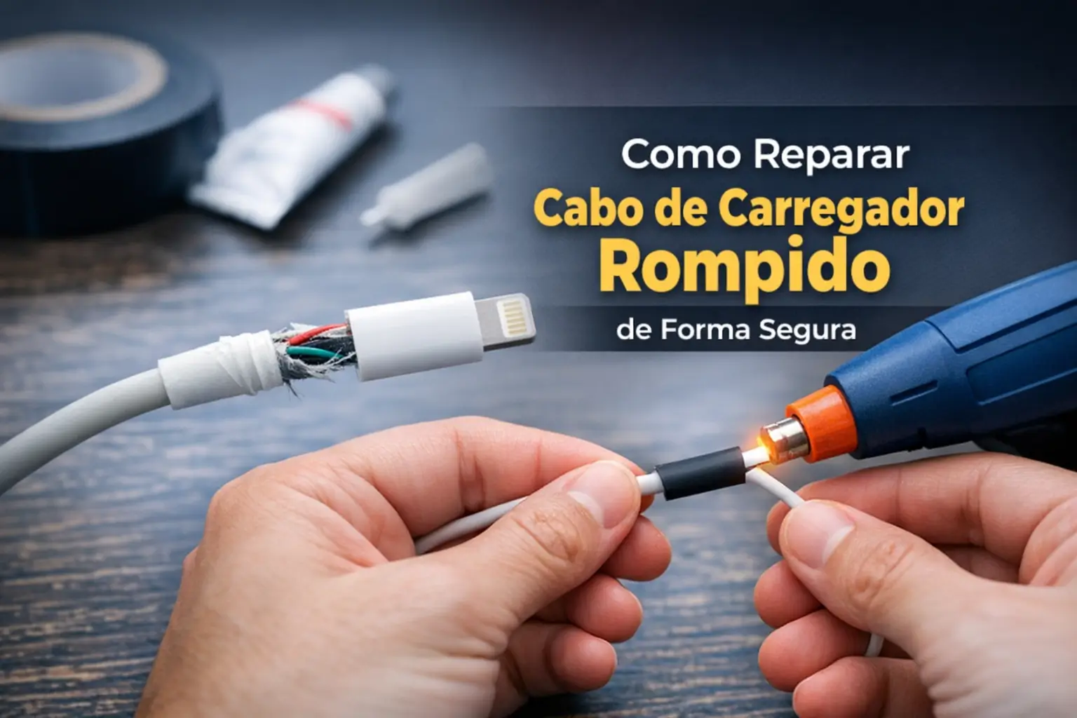 Cabo de carregador danificado, exposto e consertado com fita e cola
