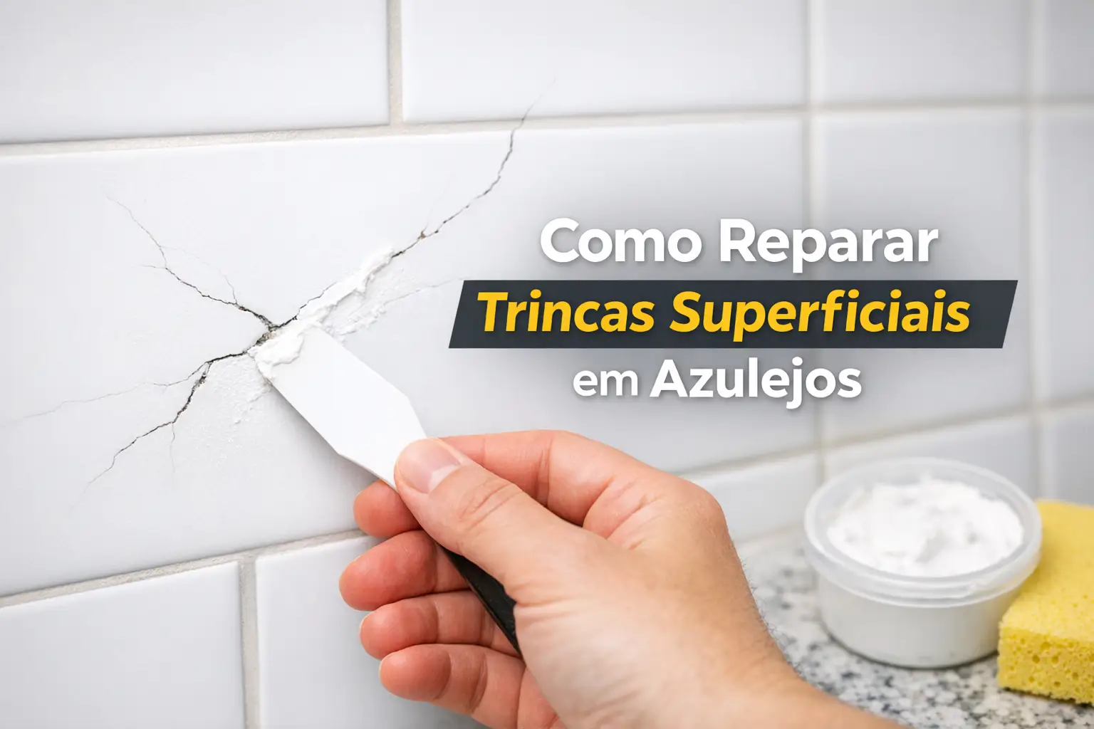 Reparação de trinca superficial em azulejos com espátula e massa reparadora.