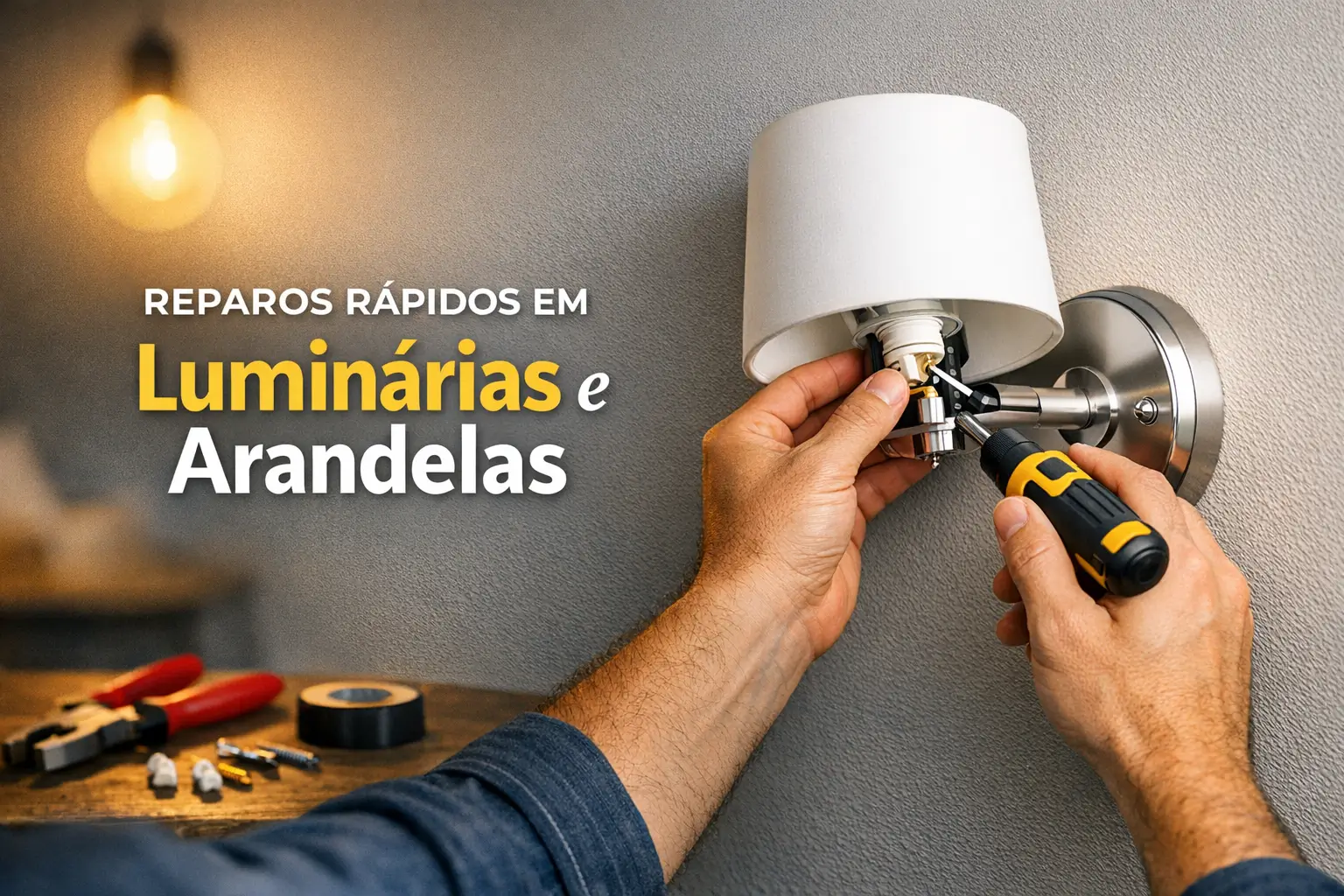 Pessoa trabalha em luminária de parede com ferramentas DIY na mesa.