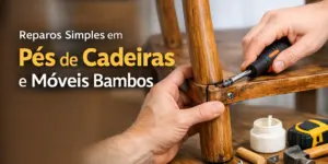 Pessoa consertando pé de cadeira com ferramentas ao redor