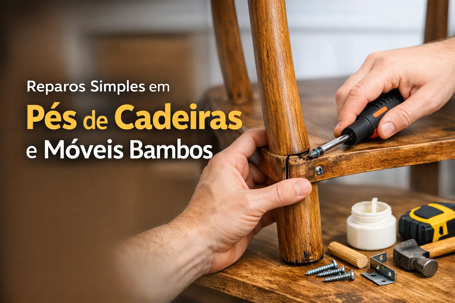 Pessoa consertando pé de cadeira com ferramentas ao redor