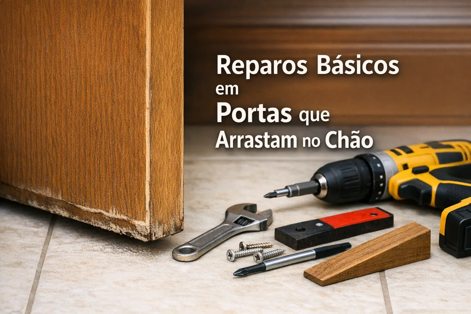 Reparos básicos em portas que arrastam no chão com ferramentas visíveis