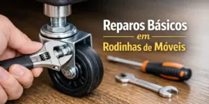 Pessoa ajustando roda de móvel com chave, mostrando reparos em rodinhas.