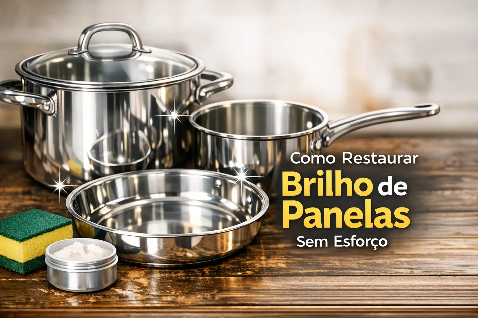 Conjunto de panelas de aço inox brilhantes com esponja verde e amarela e limpador