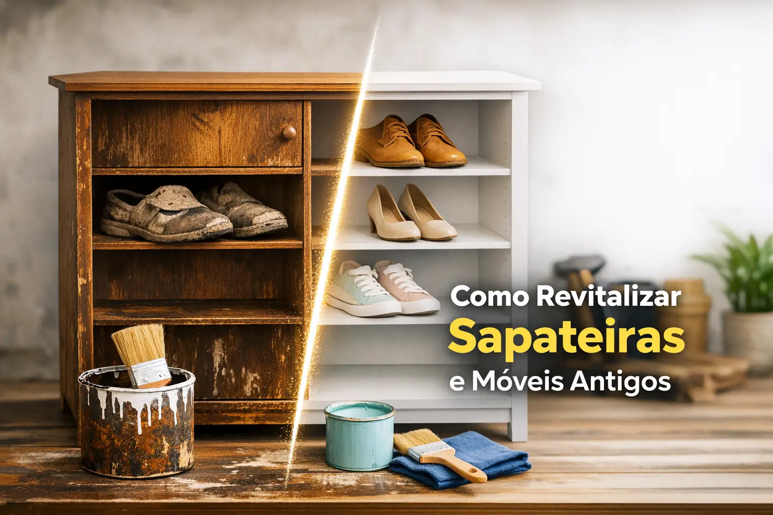 Sapateira renovada de madeira velha para branca com sapatos modernos organizados e ferramentas de pintura na frente.