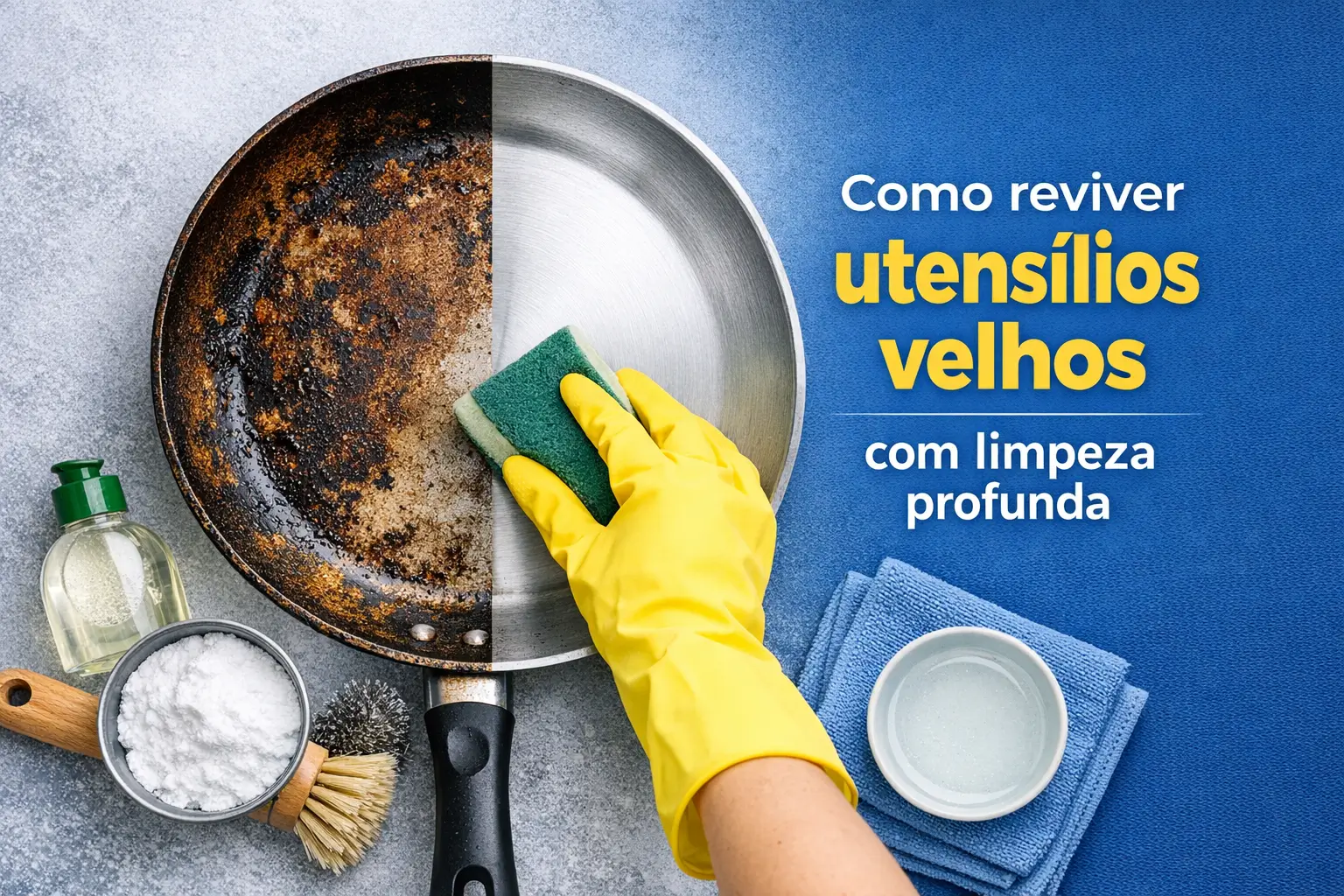 Pessoa limpando panela com luva amarela e esponja verde, metade suja e metade limpa.